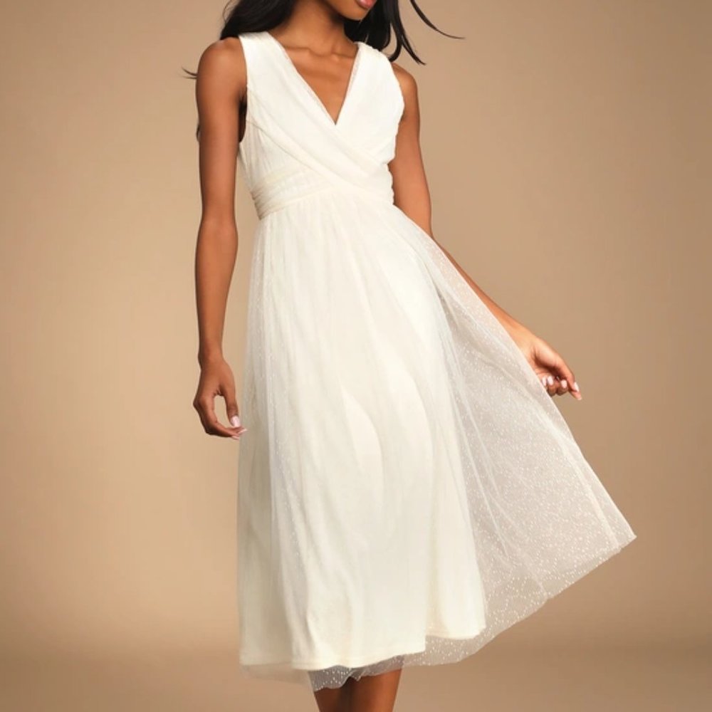 Lulus Mesmerized By You Cream Dotted Mesh Midi Dress